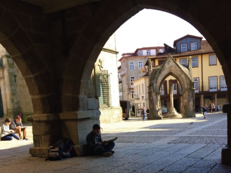 Architecture Students having outdoor sketch classes, Guimaraes, Minho University, Portugal
